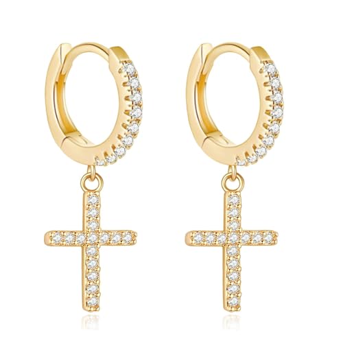 Dainty Huggie Hoop Dangle Earrings for Women, Small Hypoallergenic Hoop Earring with Charm Cross Star Moon Earrings, Sterling Silver CZ Huggie Drop Earrings for Teen Girls - style: Cross-Gold