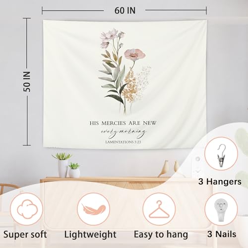 AQYIP Floral Christian Tapestry Wall Hanging, His Mercies Are New Every Morning Floral Tapestry Decorative, Bible Verse Wall Blanket Decor for Home Living Room Bedroom, 50x60 Inch - color: christian floral
