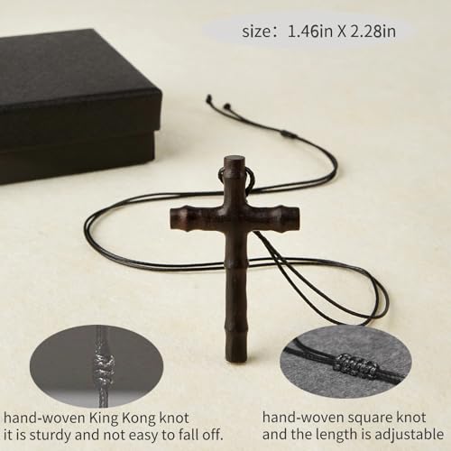 Men's Wooden Cross Necklace Real Handcrafted Ebony Wood Cross Pendants With Leather Necklaces Men's Black Cross Necklaces Christian Baptism Crucifix Pendant for Men(bamboo grain