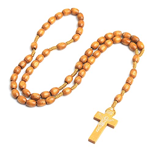 COLORFUL BLING Natural Wooden Catholic Rosaries Wood Crucifix Prayer Beads Pendant Necklace Prayer Jesus Religious Cross Rosary Necklace Handmade Jewelry - color: oval simple light