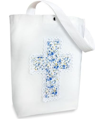 Christian Tote Bag Gift for Women, Canvas Bible Bag Handmade Floral Cross - color: White-forget Me Not