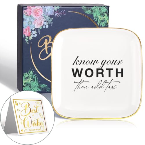 Inspiring Quotes Jewelry Tray Plate Ring Dish,Gifts for Coworkers Women - style: Know Your Worth then Add Tax