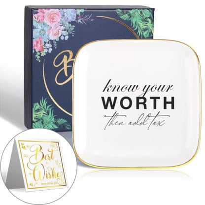 Inspiring Quotes Jewelry Tray Plate Ring Dish,Gifts for Coworkers Women - style: Know Your Worth then Add Tax