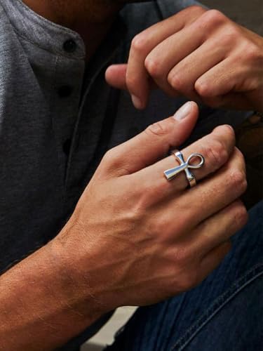 ChainsProMax Can Engrave Men Ancient Egyptian Eye of Ra Ankh Cross Ring, Size #7-#14, Stainless Steel/Gold Plated/Black (Send Gift Box) - color: Engrave-ankh cross-stainless