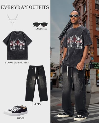 BAPHITY Mens Streetwear Crew Neck Cotton Graphic T Shirt - color: Black Statue, size: Small