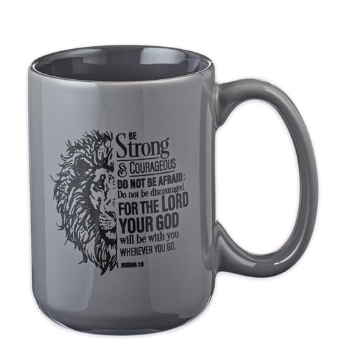 Christian Art Gifts Lion Gray Ceramic Coffee Mug – 14 oz. Microwave and Dishwasher-safe Inspirational Scripture Coffee and Tea Mug for Men and Women with Bible Verse: Strong & Courageous – Joshua 1:9 - color: Gray/Strong & Courageous