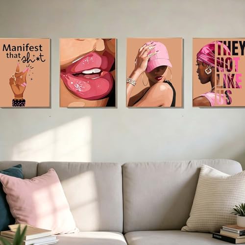 EVER-GOING TUNE Pink Black Girl Wall Art Set of 4,Trendy African American Women Wall Art,Trendy Preppy African American Woman Pictures for Living Room Bedroom College Dorm,8x10(Unframed - color: Pink Wall Art-1