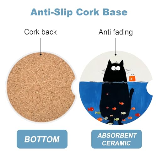 Ceramic Car Cup Holder Coasters Set of 2, 2.56 in Kitten Diving - color: Kitten Diving