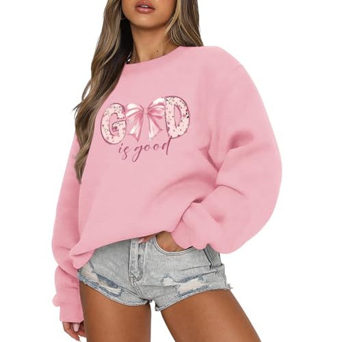 KEEVICI God Is Good Christian Sweatshirts for Women Bow Jesus Cute Bible Verse Sweatshirt Faith Religious Graphic Hoodies - color: Pink, size: XX-Large