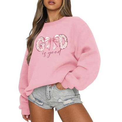 KEEVICI God Is Good Christian Sweatshirts for Women Bow Jesus Cute Bible Verse Sweatshirt Faith Religious Graphic Hoodies - color: Pink, size: Medium