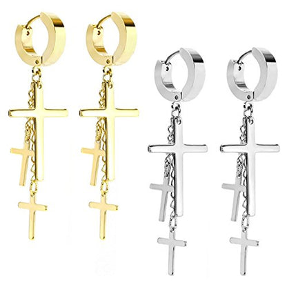 JewelrieShop Cross Tassel Stainless Steel Urban Huggie Hinged Hoop Dangle Earrings - color: 01. 2 Pairs (Steel + Gold)