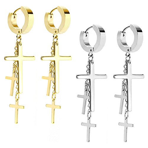 JewelrieShop Cross Tassel Stainless Steel Urban Huggie Hinged Hoop Dangle Earrings - color: 01. 2 Pairs (Steel + Gold)