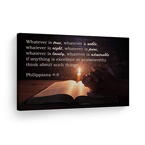 Smile Art Design Scripture Wall Decor Canvas Print Bible Verse Philippians 4:8 Jesus Lord God Christ Pray Cross Religious Family Room Home Decor Christian Art Ready to Hang - 8x12 - color: Christian Canvas H25, size: 12"L x 8"W