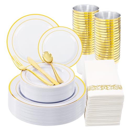 WDF 175PCS White and Gold Plastic Plates - Gold Plastic Plates - 25 Guest Thanksgiving Disposable Dinnerware Sets Include 50 Plate, 25 Cutlery, 25 Napkins and 25 Cups for Party/Thanksgiving/Wedding - color: Gold, size: 175 pieces