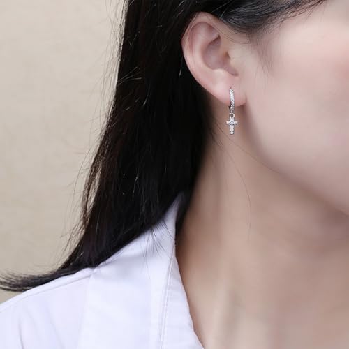 Cross Dangle Hoop Earrings for Women with CZ Stones - color: Silver