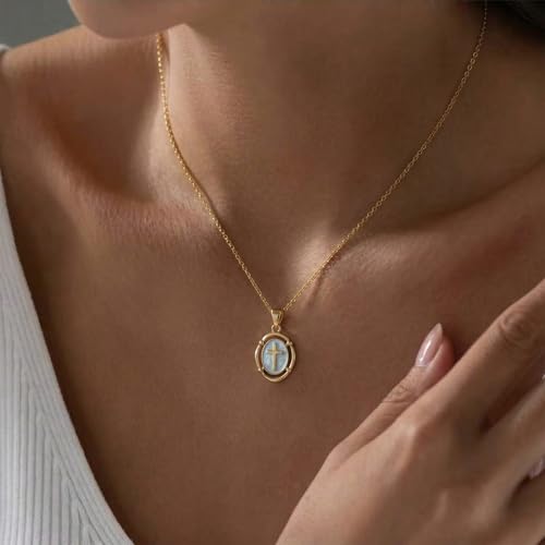 Bheop Cross Necklace for Women, 14K Gold Silver Enamel Pendant Necklace - color: Blue