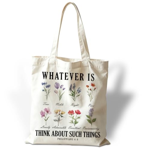 Canvas Tote Bag, Flower Lovers Christian Bag, Whatever Is, Think About Such Things Tote Bags, Reusable Cloth Cotton Bags for Shopping, Religious Gifts for Female Friends - color: Style 21