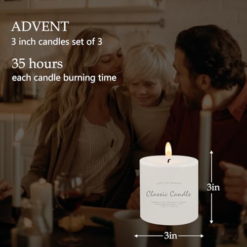 3" x 3" Hand-Poured Unscented White Pillar Candles, Dripless Candles Set of 3, Smokeless, Clean Burning, Approx 40 Hours Burn Time, Wedding, Dinner, Christmas and Home Decor