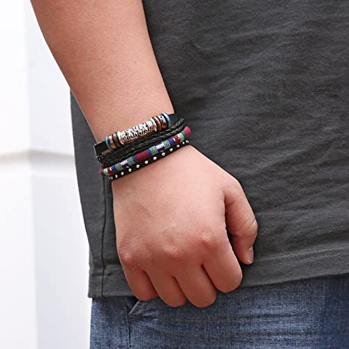 HZMAN Handmade Hemp Cords Wood Beads Leather Bracelets for Men Women - style: Ethnic Tribal