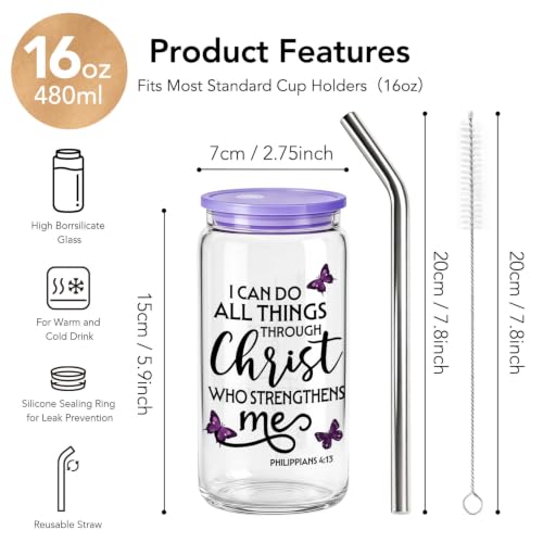 Christian Gifts for Women 16 oz Glass Cups with Lids and Straws, Purple Butterfly Cross Iced Coffee Tumbler for Home Office, Mothersday Baptism Birthday Religious Gifts for Church Friends