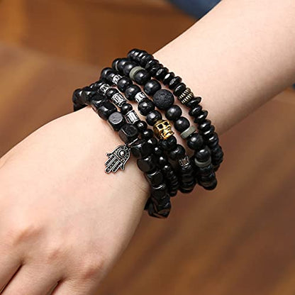HZMAN Handmade Hemp Cords Wood Beads Leather Bracelets for Men Women - style: Hand of Fatima