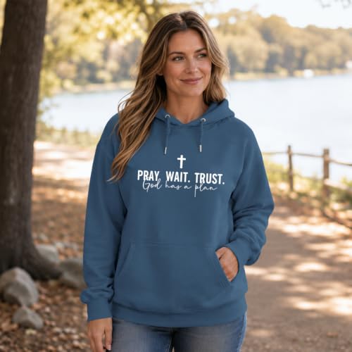 Wrenpies Christian Faith Hoodie for Women Jesus God Religious Bible Verse Hoodies Cross Pray Wait Trust Graphic Sweatshirt - color: Deep Blue, size: Large