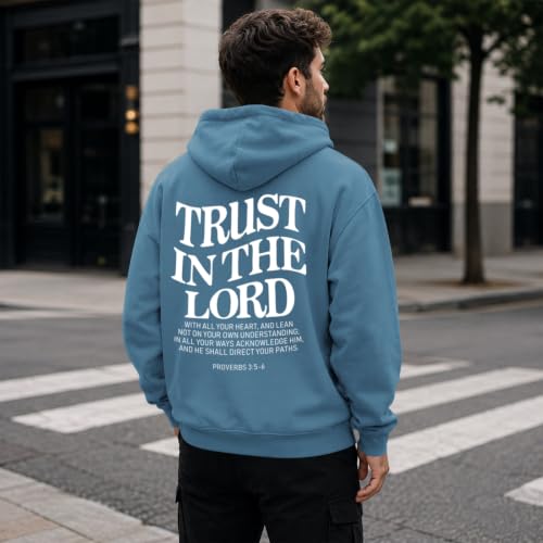 Wrenpies Trust In The Lord Christian Hoodie for Men Jesus God Faith Religious Bible Verse Hoodies Graphic Fleece Sweatshirt - color: Deep Blue, size: Small
