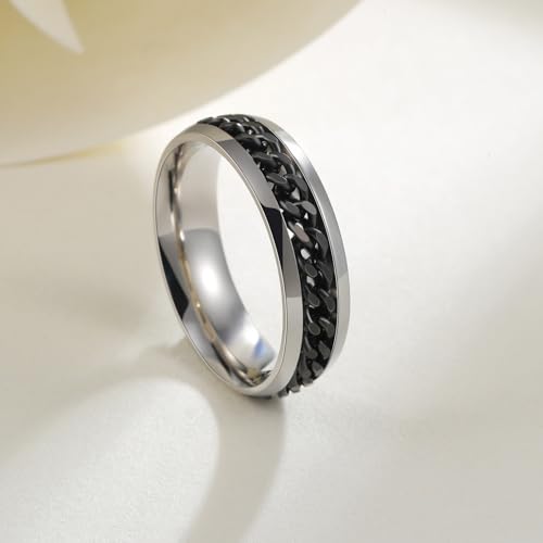 Mens Fidget Rings Anxiety Ring for Men 6mm 8mm Chain Spinner Ring Size 5-14 - color: Titanium Silver Black