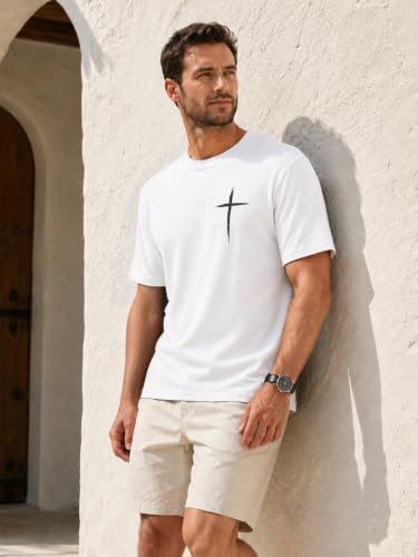 HOUZONIY Christian Tshirts for Men Cross Print Graphic Oversized Crewneck Jesus Faith Cotton Casual Short Sleeve Top Tee - color: White, size: Large