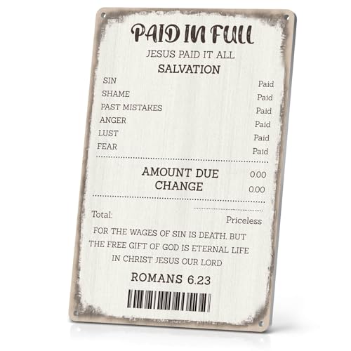 Jesus Poster Christian Wall art Jesus Paid it All Metal Signs Christian Motivational Decor for Home Bedroom Office 12x8 Inch - color: White