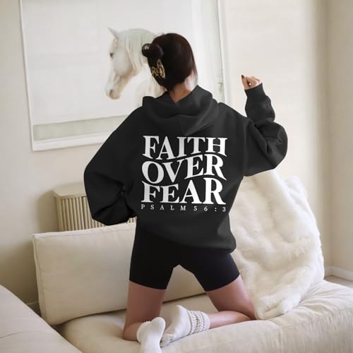 Faith Over Fear Christian Hoodies for Men Religious Jesus Hoodie Bible Verse Graphic Sweatshirt Fleece Pullover - color: Black, size: Medium