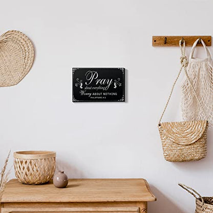 Yulejo Pray About Everything Worry About Nothing Sign Religious Scripture Inspirational Word Plaque Black Bible Verses Plaque Wall Decor Wooden Table Centerpieces Christmas Decorations, 7.9 x 5.1 Inch