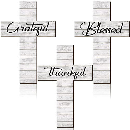 Yookeer 3 Pcs Thankful Grateful Blessed Cross Wood Wall Hanging Rustic