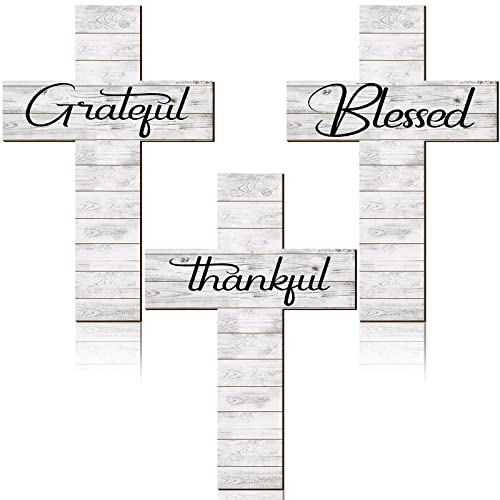 Yookeer 3 Pcs Thankful Grateful Blessed Cross Wood Wall Hanging Rustic