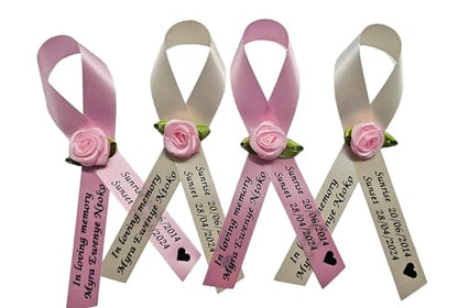 Personalized Memorial Service Funeral Ribbon Pins 20 Cross Religious Celebration of Life Custom Made Awareness Remembrance Anniversary Death Cross Sympathy Name Angel - color: Ivory