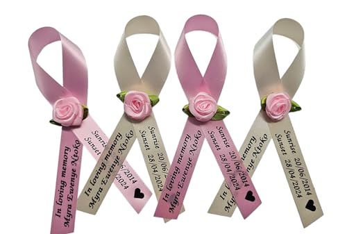 Personalized Memorial Service Funeral Ribbon Pins 20 Cross Religious Celebration of Life Custom Made Awareness Remembrance Anniversary Death Cross Sympathy Name Angel - color: Ivory