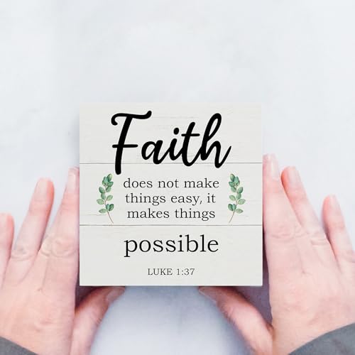 Christian Decor Box Sign for Home Office, Faith Does Not Make Things Easy, It Makes Things Possible, Scripture Wooden Sign 5x5 Inches - color: Brown