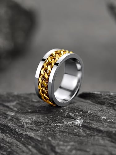 U7 Stainless Steel Mens Rings,7mm Gold/Black/Silver Chain Rings Fidget Spinner Ring Anxiety Ring for Men Women,Size 6-14 - color: Inlaid Link Ring-Gold