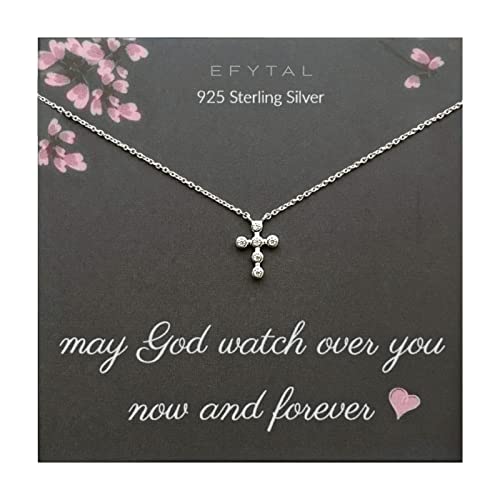 EFYTAL First Communion Gifts, Sterling Silver Dainty CZ Cross Necklace for Women, Confirmation Gifts for Teen, Baptism Gift for Women