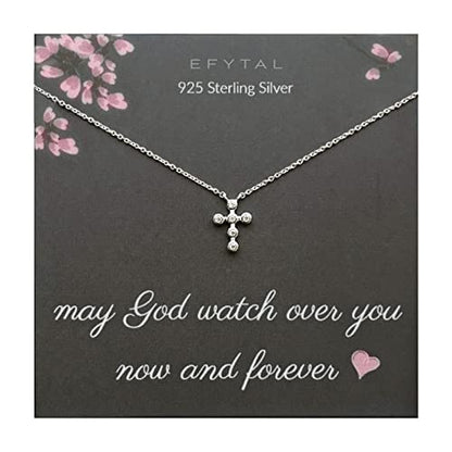 EFYTAL First Communion Gifts, Sterling Silver Dainty CZ Cross Necklace for Women, Confirmation Gifts for Teen, Baptism Gift for Women