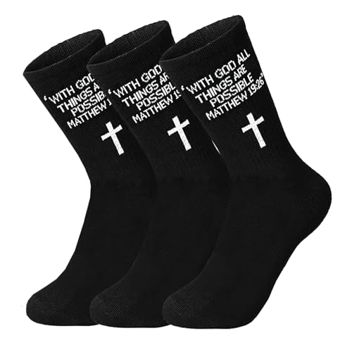3 Pairs Christian Socks,Novelty Christian Easter Basket Stuffing - color: Matthew 19:26 - Black