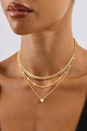 Layered Gold Necklace for Women, 14K Gold Plated Necklace Stack Set, Dainty Pendant Necklace Non Tarnish, Fashion Bow CZ Circle Star Hammered Cross Jewelry Gift for Women - color: Gold-01