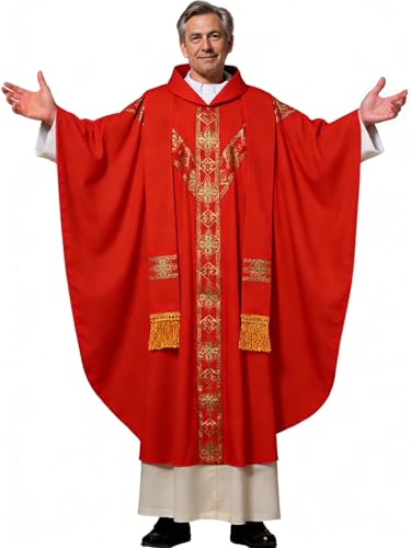 FAD-4U Church Catholic Priest Chasubles Vestments for Church Mass Vestments Robe with Stole - color: Red&gold