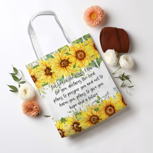 Positive Religious Christian Gifts Canvas Tote Bag for Women Christmas Birthday Cute Beach Reusable Grocery Bags - color: Jeremian 29 11 Sunflower