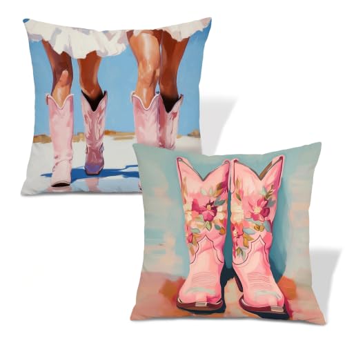 Pink Coastal Cowgirl Boot Throw Pillow Covers 18x18 Set of 2 - color: Colour -CC