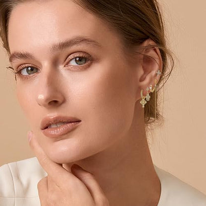 Gold Earrings Set for Women 14K Gold Plated Cubic Zirconia Love Heart Bowknot Clover Fruit Flower Insect Ocean Cross Huggie Hoop Earrings Stud Earrings Set for Multiple Piercing Party Jewelry Gifts - style: Cross