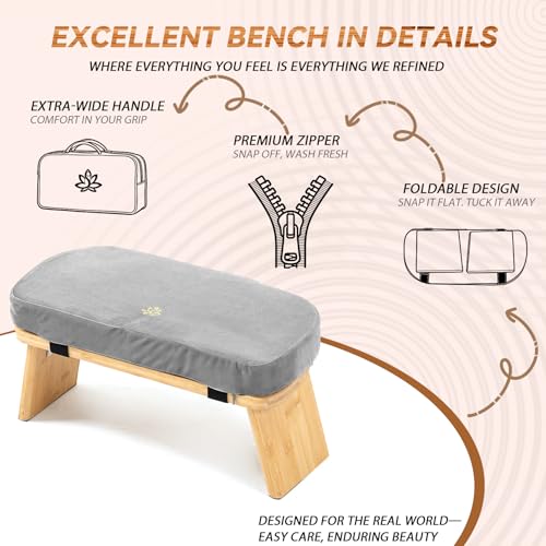 Bamboo Meditation Bench, Foldable Prayer Stool (Grey-Bag) - color: Grey-bag