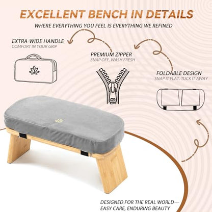 Bamboo Meditation Bench, Foldable Prayer Stool (Grey-Bag) - color: Grey-bag