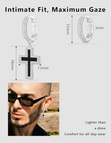 KRKC&CO Dangle Cross Earrings for Men, Sterling Silver Plated Black Drop - color: Silver-D