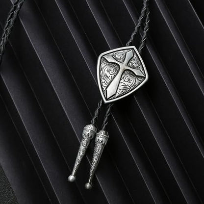 Western Cowboy Bolo tie for Men Women Gold Silver Death Skull Moth Cross Bolo Tie Christmas Deer Rooster Wolf Necktie Gift - color: 8# Silver Cross Shield